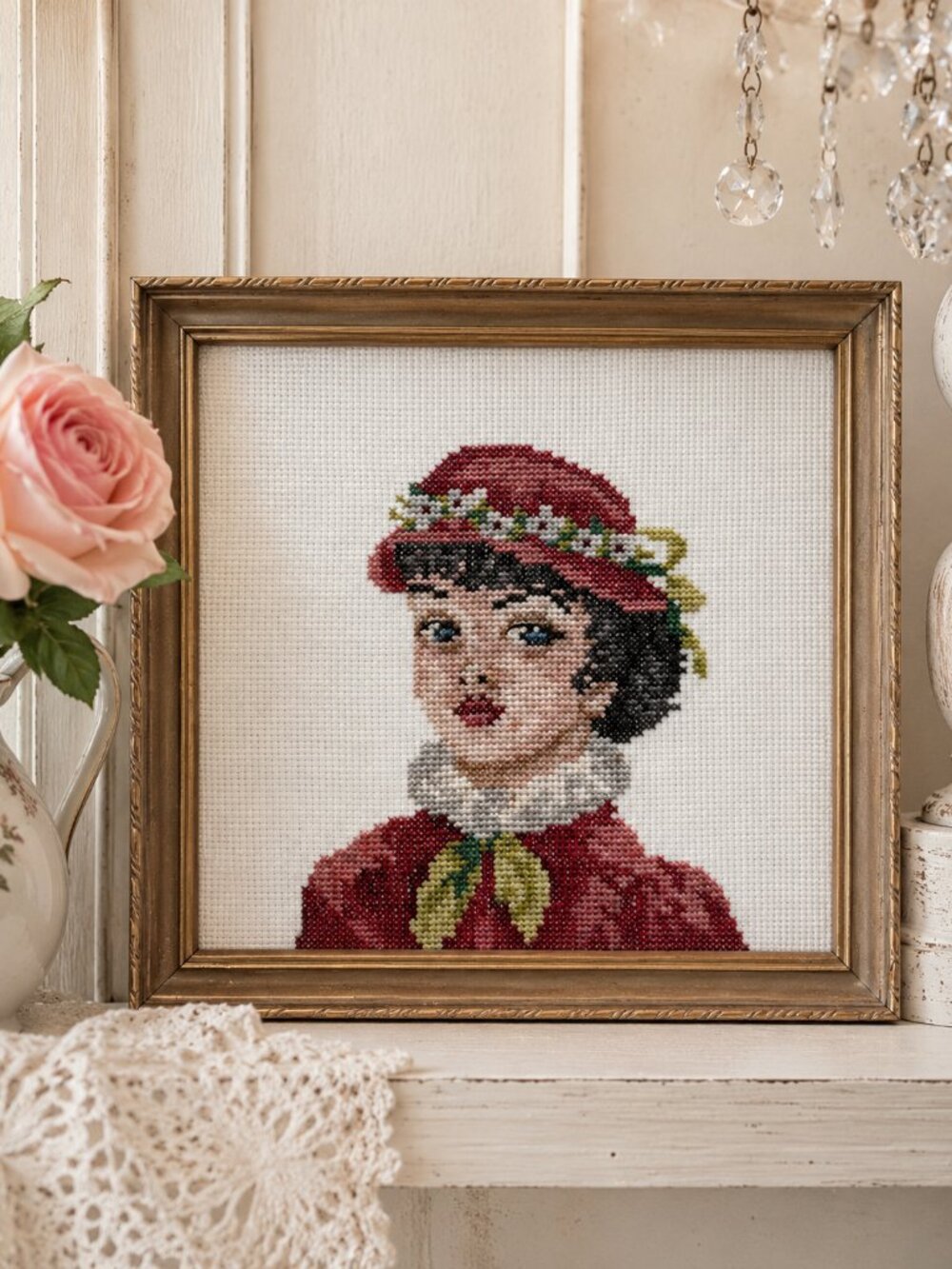 Vintage Handmade Framed Lady Portrait Cross Stitch | Victorian Style Needlework